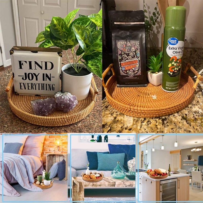 YIWEN Rattan Woven Round Basket, Round Rattan Woven Serving Tray with Handles for Bread Fruit Vegetables, Restaurant Serving & Tabletop Display Baskets (8.7", 1pc) - Image 3